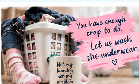 Laundry basket with a playful message about leaving laundry to us